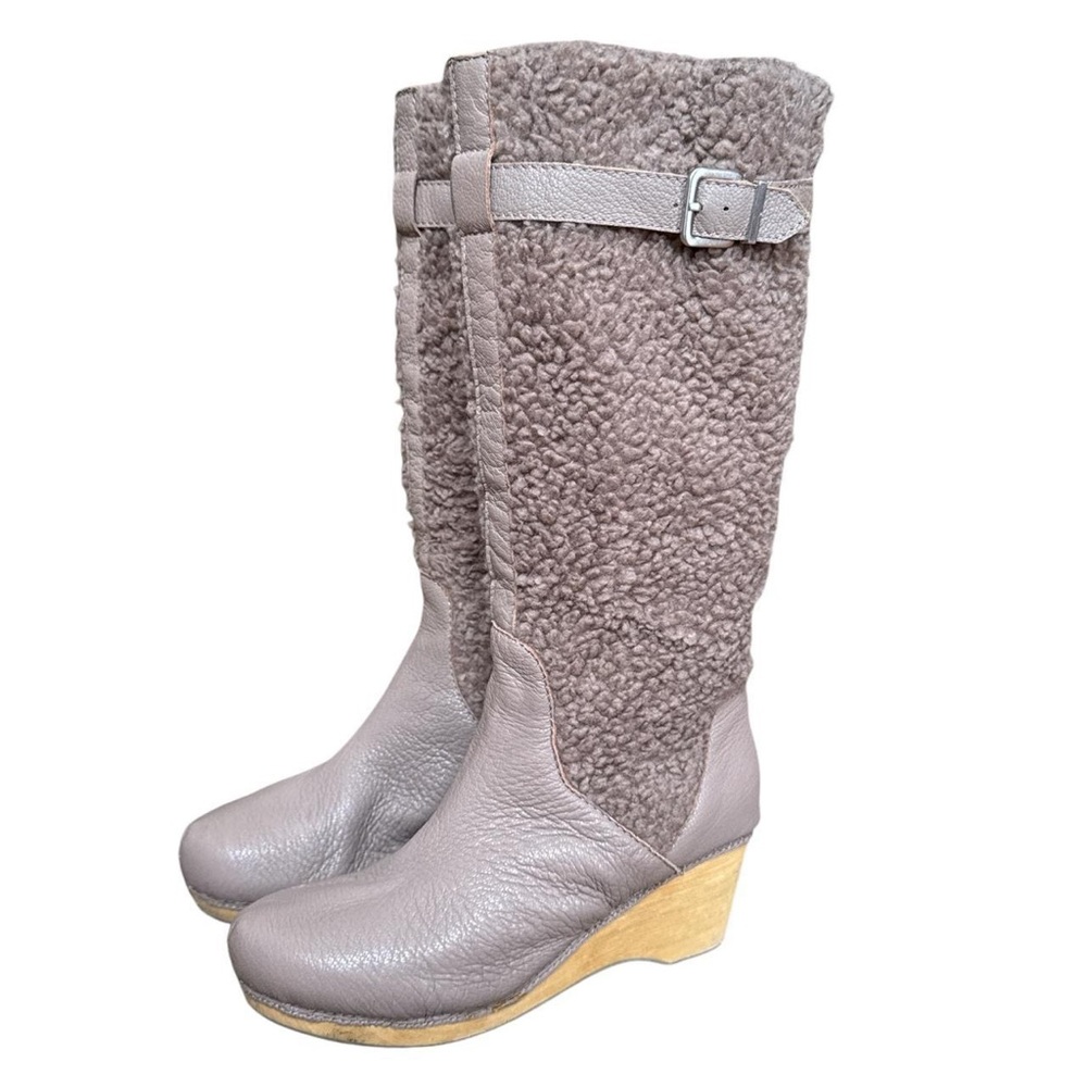 Kelsi Dagger gray fuzzy below the knee leather wooden wedge clog style boots